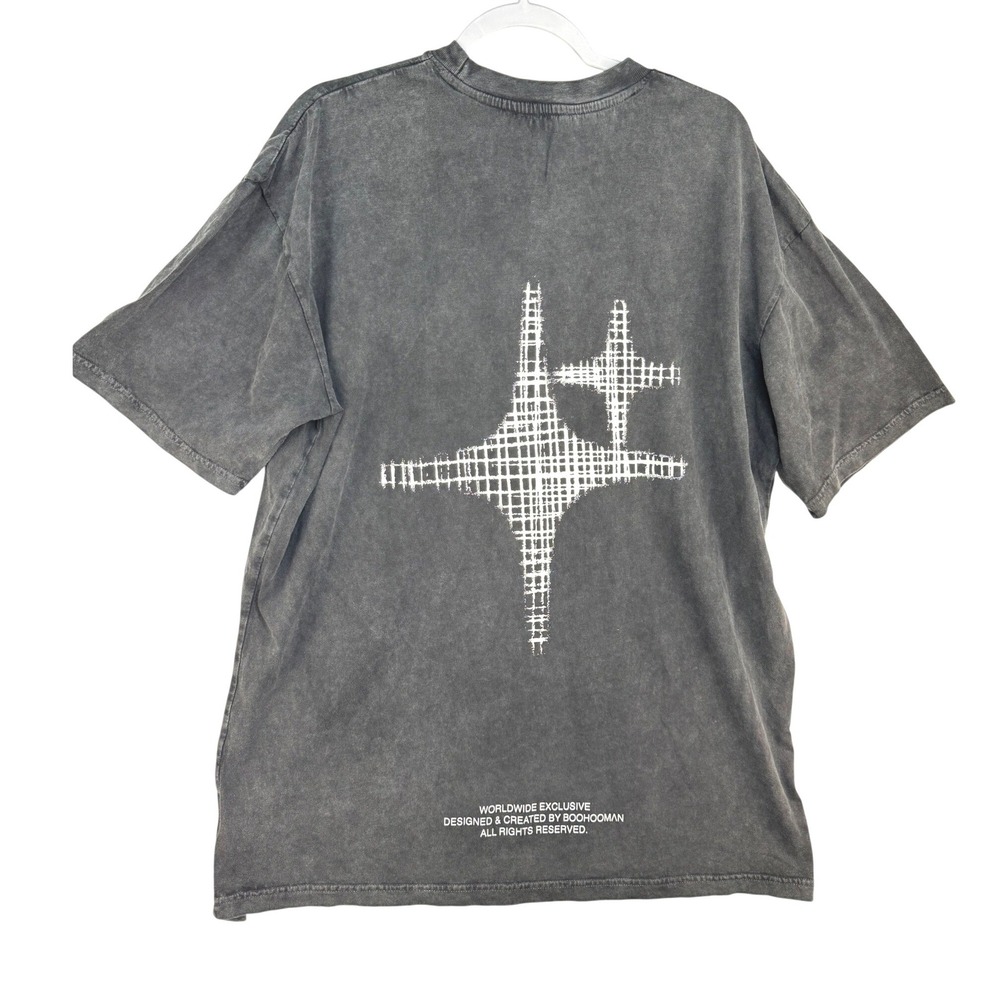 BoohooMAN Tall Oversized Acid Wash T-shirt Charcoal Grey Star Graphic Size M NWT